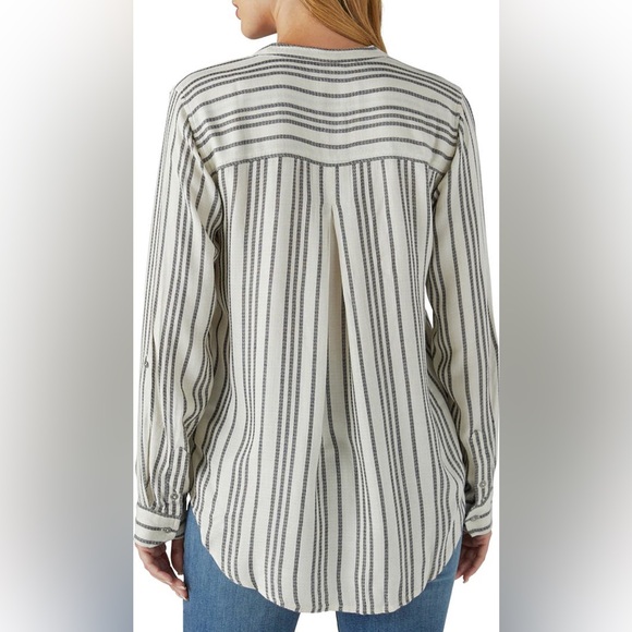 Lucky Brand Collarless 3/4 Sleeve Stripe Blouse Button Up Front Pocket Size S - Picture 2 of 9